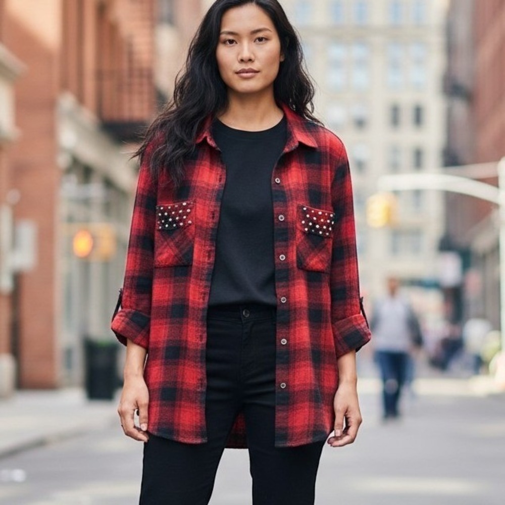 Vintage Wet Seal Buffalo Plaid Flannel Button Up Top Medium Studded Pockets Y2K